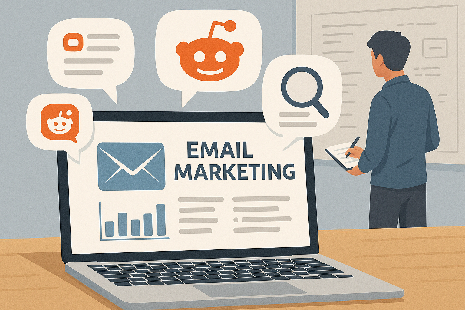 E-Mail-Marketing mit der SIGNAL-Methode – Illustration: Laptop, Dashboard und Reddit Logos